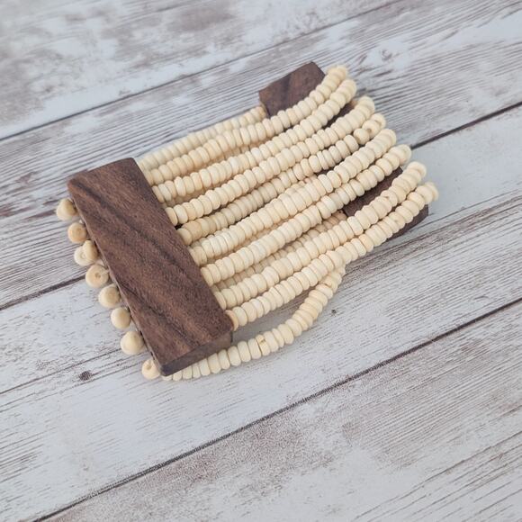 Vintage Stretch Bracelet Wide Cream and Brown Statement - Picture 3 of 9